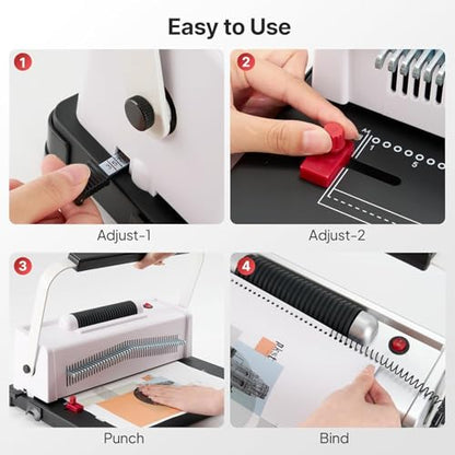 Spiral Coil Binding Machine with Electric Coil Inserter, Home School | Office Notebook Homework, 20 Sheets Punch, A4/A5/Letter Size, Adjustable Paper Margin, 46 Hole Adjustable Disengageable Pins - color: White