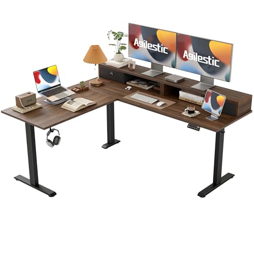 Agilestic 63 Inch L Shaped Electric Standing Desk with Drawer, Dark Walnut - color: Dark Walnut, size: 63x55.1 Inch Pro