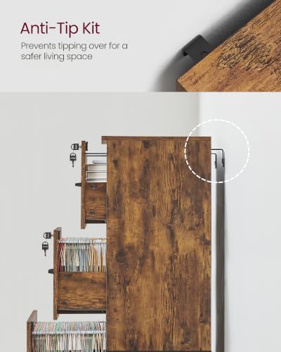 VASAGLE 3 Drawer File Cabinet with Locks, for A4, Letter Sized Documents - color: Rustic Brown, size: 3 Drawers
