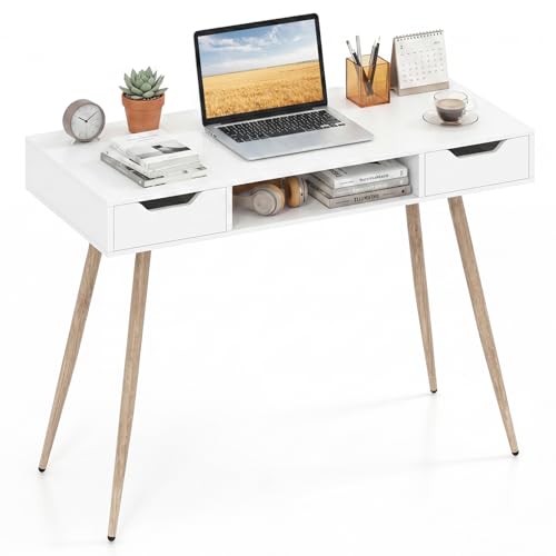 GIANTEX White Computer Desk with Drawers, 42.5" Minimalist Mid Century Modern Vanity Writing Desk with Open Storage Cubby & Metal Leg, Compact Wooden Study Table for Small Spaces Home Office (White) - color: White