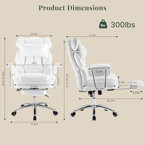Executive Ergonomic Office Chair for Adults, Home Office | PU Leather, High Back Reclining Gaming Chair with Footrest and Lumbar Support, Height Adjustable Rolling Swivel, White - color: White