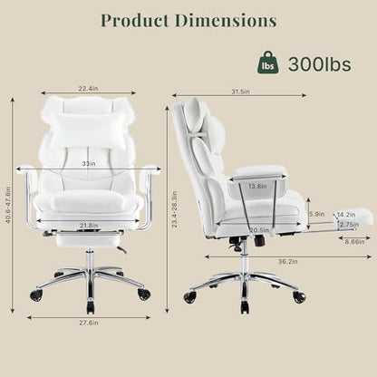Executive Ergonomic Office Chair for Adults, Home Office | PU Leather, High Back Reclining Gaming Chair with Footrest and Lumbar Support, Height Adjustable Rolling Swivel, White - color: White