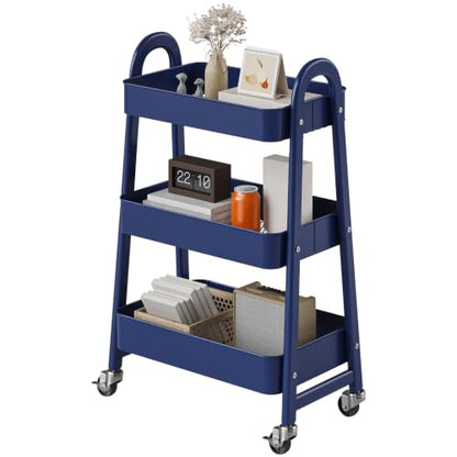 OLIXIS Metal 3 Tiers Rolling Storage Utility Cart with Lockable Wheels - color: Blue, size: 3-Tiered 17 inches