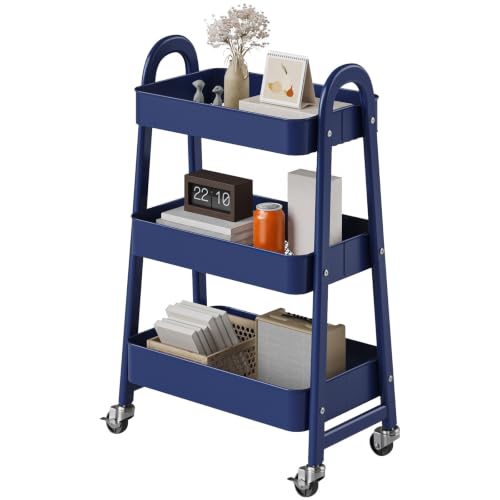 OLIXIS Metal 3 Tiers Rolling Storage Utility Cart with Lockable Wheels - color: Blue, size: 3-Tiered 17 inches