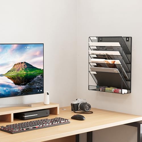 EasyPAG 5 Tier Wall File Holder, Mesh Hanging Folder Organizer with Classify Label, Versatile Desk File Holder, Vertical Wall Mounted Mail Organizer for Office Home Cubicle, Black - color: Black