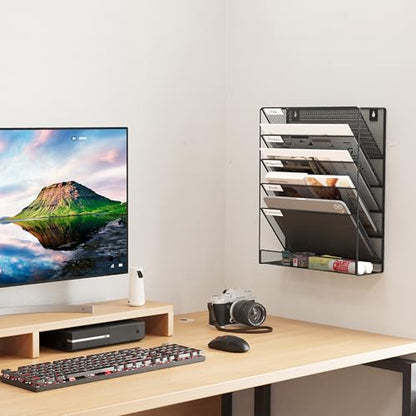 EasyPAG 5 Tier Wall File Holder, Mesh Hanging Folder Organizer with Classify Label, Versatile Desk File Holder, Vertical Wall Mounted Mail Organizer for Office Home Cubicle, Black - color: Black