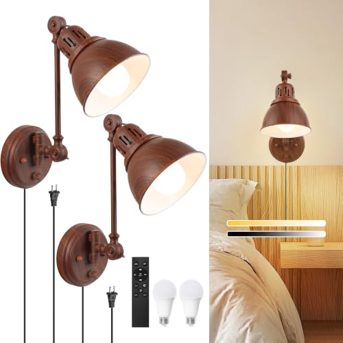 GOODATE 2 Pack Plug in Wall Sconces with Remote Control, Dimming, Adjustable Colors 2700K-6500K, Swing Arm Wall Lamps with Night Light & Timer, Plug-in or Hardwired, LED Bulbs Included, Walnut Finish - size: Walnut-2 PACK(Bulbs+Remote)