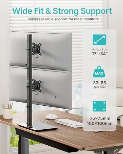 Vertical Dual Monitor Stand for 17–34 Inch Screens, Tabletop | Stacked Monitor Mount, Holds up to 33 lbs per Arm, Screens Riser with Full Motion, 33.3" Pole 12 Height Settings, 75/100 VESA