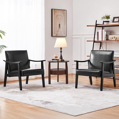 Yaheetech Accent Chairs Set of 2, Mid-Century Faux Leather Armchairs, Black - color: Black