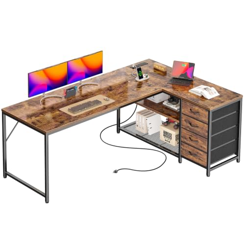 PRAISUN 61" L Shaped Desk with Power Outlets & 4 Drawers | Reversible Computer Desk with 2 Storage Shelves, Large Corner Office Desk for Gaming Writing Work Study, Rustic Brown - color: Rustic Brown, size: 61 Inch