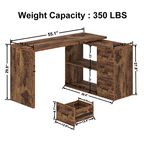 HSH L Shaped Computer Corner Desk with Storage Drawers 55 inch Rustic Brown | Reversible Home Office Corner Desk with 2 Open Side Shelves Modern Wood Executive L Desks for Bedroom,Study Workstation - color: Rustic Brown, size: 55 Inch