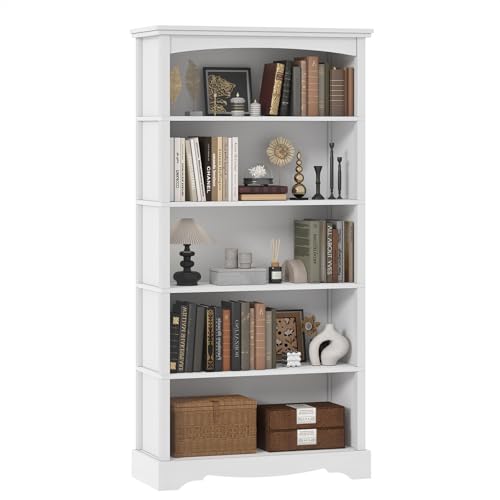 TVU 5-Tier Wooden Bookshelf, 31.5" W x 65" H ×9.9" D Bookshelf with Storage, Floor Standing Modern Style Display Bookcase for Living Room, Office, Study Room, Entryway, White - color: White, size: 5 Tier
