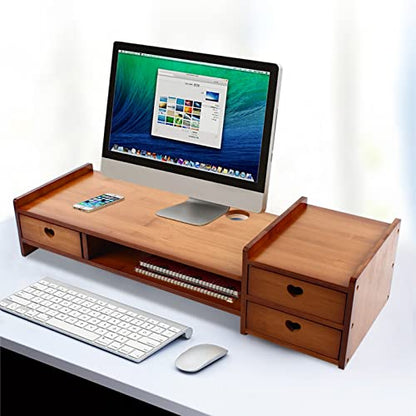 Bamboo Monitor Stand Riser with 3 Storage Drawer 2 Tier Desk Organizer Stand, Computer Laptop Riser Desktop Organizer Holders Monitor Storage Stand Ergonomic for Home and Office Use