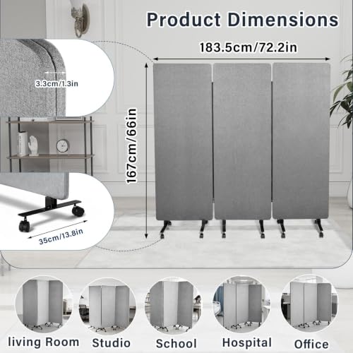 3-Panel Portable Office Partition,Mobile Acoustic Wall Divider with Wheels - color: Light Gray, size: 3 Panel-72"Wide