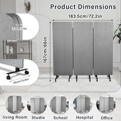 3-Panel Portable Office Partition,Mobile Acoustic Wall Divider with Wheels - color: Light Gray, size: 3 Panel-72"Wide