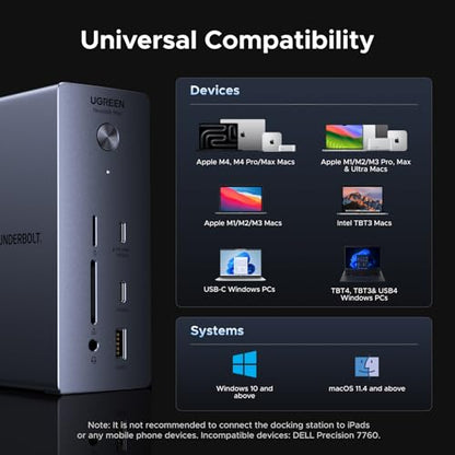 UGREEN 13-in-1 Thunderbolt 4 Docking Station, Dual 4K@60Hz, 3xTBT4, 40Gbps | Signle 8K@30Hz, 180W Total Power, 96W Host Charging, 3xUSB A, 2xUSB-C, Gigabit Ethernet, SD/TF 3.0, 3.5mm Audio, Revodok Max