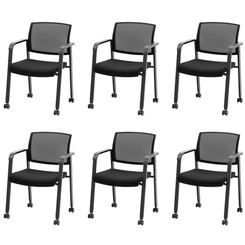 COSTWAY Stackable Office Guest Chairs Set of 6 with Wheels and Armrests | Conference Room Chairs with Mesh Backrest and Upholstered Seat, Ergonomic Waiting Room Chairs for Office Home Reception Area - size: 6 Pack, style: with Wheels