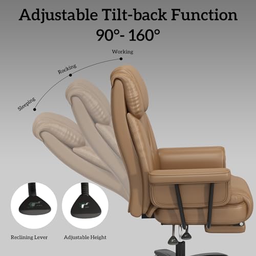 GYI 160 Reclining Office Chair with Footrest, Big & Tall Desk Chair, Brown | Cross Legged Seat, High Back, Faux Leather, Heavy Duty Base, Adjustable Height, for Home, Executive - color: Brown