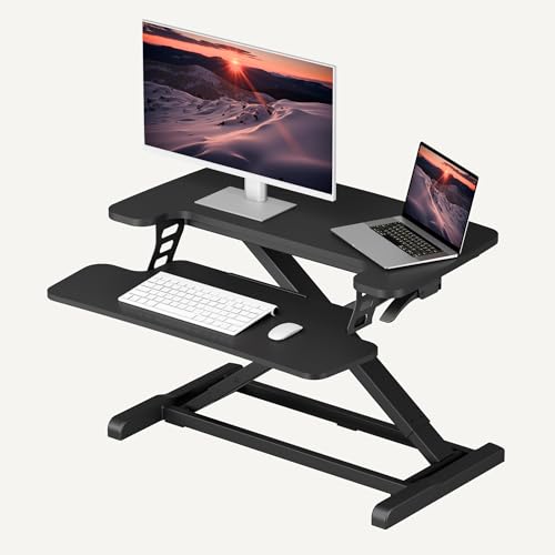 SANODESK Standing Desk Converter 28" Desk Riser for Home Office, Compact Sit Stand Desktop Workstation for Laptop & Monitor, Ergonomic Height Adjustable Riser, Black - color: Black, size: 28"