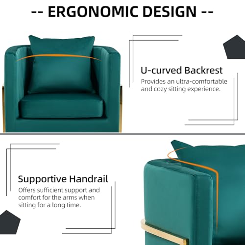 Velvet Accent Chairs Set of 2, Contemporary Barrel Armchairs, Living Room Bedroom Club Chair Set with Pillow, Channel Tufted, Gold Finish Base, Green - color: Green, size: 2 PCS