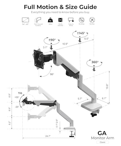 Modernsolid Heavy Duty Monitor Arm for 34-49 Inch Ultrawide Curved Screens | 14-38 lb Support,Gas Spring Full Motion,Cable Management,VESA 75x75/100x100,Red Dot Award-Winning Design,White - color: White