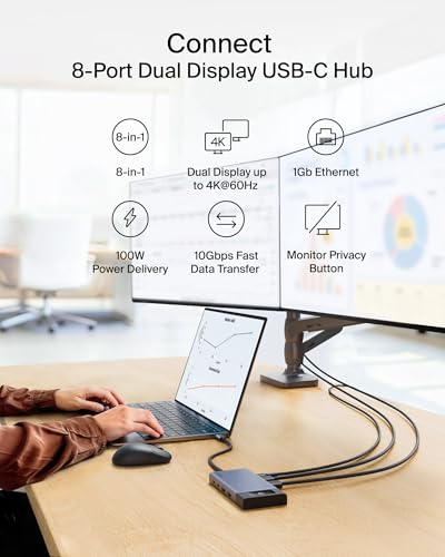 Belkin USB C Hub, 8-in-1 Multi-Port Hub 100W - Dual Display Support for Windows & Chromebook + Mirrored Support for macOS w/Monitor Privacy, Ethernet, Resolutions up to 4K@60Hz - Travel Essentials - style: 8-in-1 Hub