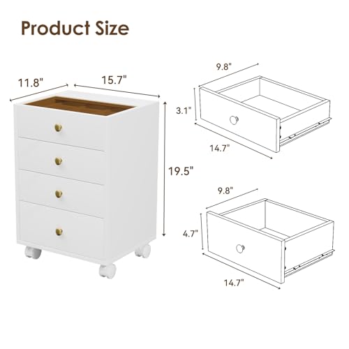 Under Desk Storage, 4 Drawer Small File Cabinet, Chest of Drawer with Glass Top, Mobile Printer Stand with Lockable Wheels for Home Office Study, White