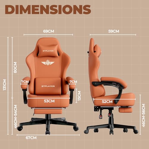 GTPLAYER Big and Tall Gaming Chair 400lbs Heavy Duty Office Chair with Footrest, High Back Pocket Spring Ergonomic Computer Chair for Adults, Wide Seated Cushion with Linkage Armrests,Leather Orange - color: Dark Orange