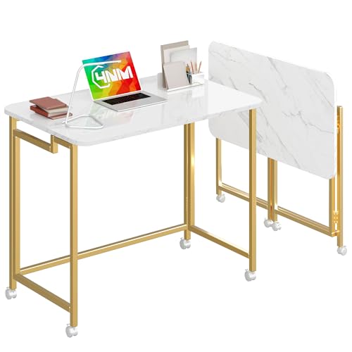 4NM 31.5" Mobile Small Rolling Computer Desk, Folding Laptop Cart Table with Wheels, Portable Office Desk for Small Space Couch Bed - White and Golden - color: White and Golden, size: 31.5"