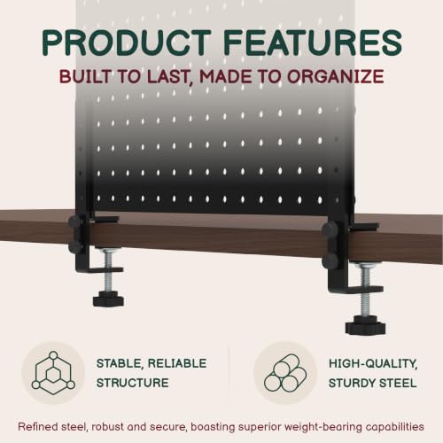 Clamp On Desk Pegboard 32" x 12" with Accessories Black | No Drill Metal Desktop Organizer & Privacy Panel, Vertical Storage Divider for Home Office and Gaming Setup