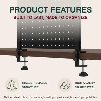 Clamp On Desk Pegboard 32" x 12" with Accessories Black | No Drill Metal Desktop Organizer & Privacy Panel, Vertical Storage Divider for Home Office and Gaming Setup