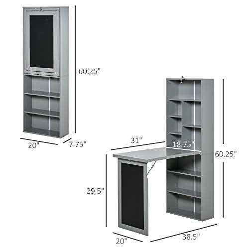 Grey Wood Wall Mounted Folding Desk with Bookshelf & Storage | Foldable Desks for Small Spaces, Pull Out Computer Desk with A Blackboard for Bedroom Apartment - color: Charcoal Grey