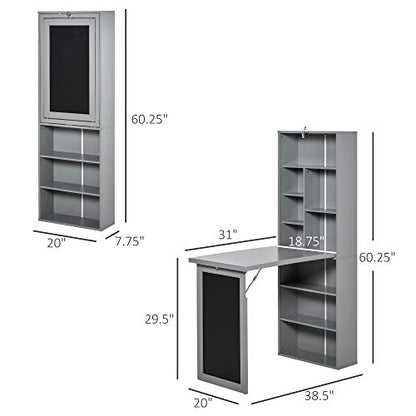 Grey Wood Wall Mounted Folding Desk with Bookshelf & Storage | Foldable Desks for Small Spaces, Pull Out Computer Desk with A Blackboard for Bedroom Apartment - color: Charcoal Grey