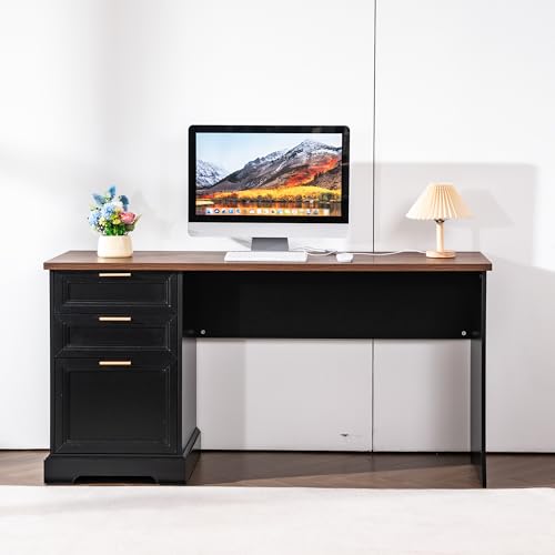 60" Farmhouse Executive Desk with Charging Station,Home Office Desk with 2 Drawers &1 File Cabinet,Fluted Computer Desk for Office and Home - color: Walnut & Black