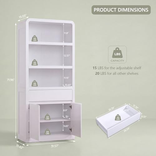 72" Tall Modern Bookshelf with Doors, 5-Tier Large Bookcase w/Drawer, Wooden Storage Cabinet w/Adjustable Shelves, Versatile Book Shelf w/Curved Profile Design for Living Room, Office, White - color: White