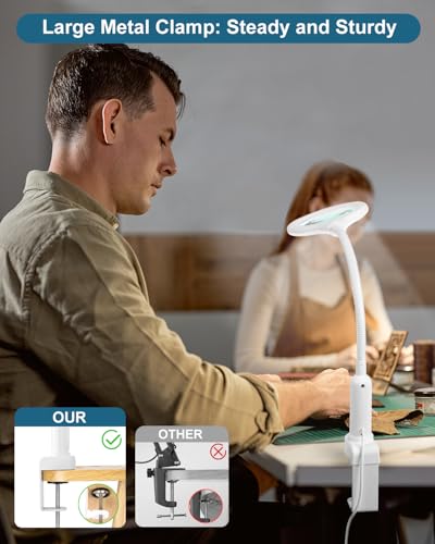 12X Magnifying Glass with Light and Stand, Real Glass, LED 5 Color Modes, Brightness Stepless Dimming Lighted Magnifier Hands Free, Flexible Gooseneck Desk Lamp with Clamp for Close Work, Craft, White - color: White