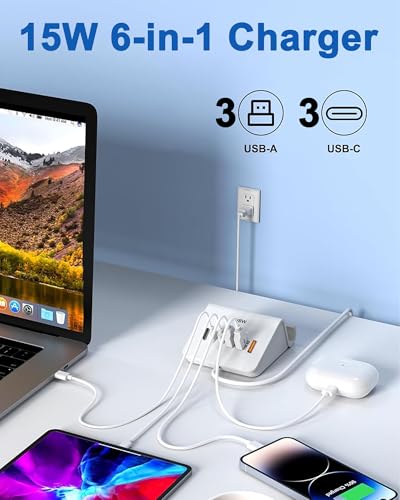 VHBW USB Charging Station, 6 Port 3USB-A and 3USB-C Charging Station for Multiple Devices, Multi USB Nightstand Charger Station with Phone Stand (ETL Listed, 6Ft Extension Cord, White) - color: Normal Charging USB-3A3C-White