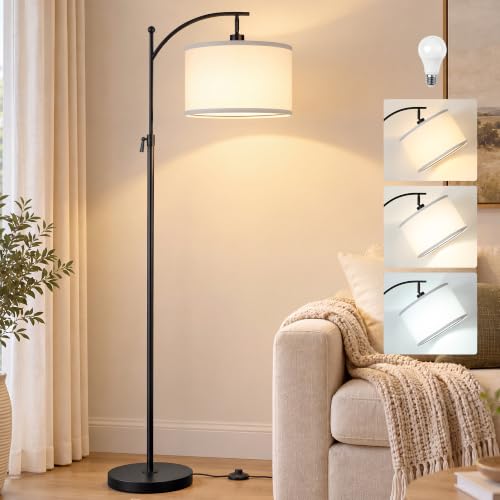 JUNNAI Black Arc Floor Lamp 55-63" Adjustable, 3 Color 9W LED Bulb Included - color: Black+White Shade-Arc