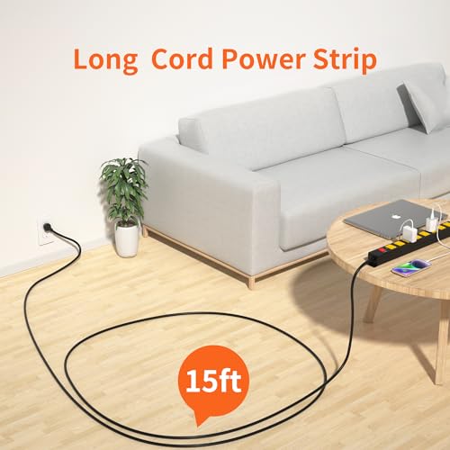 8 Outlet Metal Heavy Duty Long Power Strip, 2100J Surge Protector with 15 FT Extension Cord, Wide Spaced and Wall Mount Powerstrip for Home, Industrial, Workshop & Garage (15FT) - size: 15FT