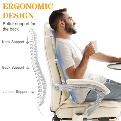 HOMREST Heated Massage Executive Office Chair with Footrest,Cream - color: Cream