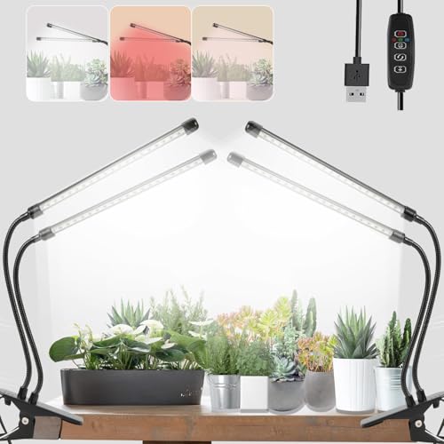 Grow Lights for Indoor Plant 6000K White Red 40 LEDs,Plant Growing Light | Auto on/off Clip Plant Grow Lamp,Full Spectrum,9-Level Dimmable,for Seed Starting,3/9/12H Timer,Adjust Gooseneck,2 Packs - color: White, size: 2 Head-2 Packs