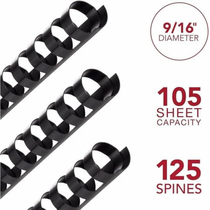 Mead CombBind Binding Spines/Spirals/Coils/Combs, 9/16", 105 Sheet Capacity, Black, 125 Pack (4000138) - size: 9/16"