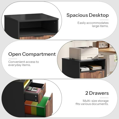 CHOEZON 2 Drawers File Cabinet with Open Storage, Black and Dark Walnut