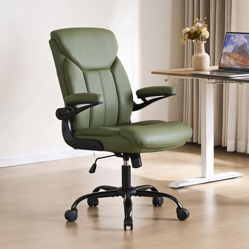 Ergonomic Home Office Chair PU Leather Comfy Computer Chair, Green | Flip-up Armrest, Height Adjustable, Lumbar Support, 360° Swivel Wheels Managerial Executive Chairs for Work Gaming Home Use - color: Green