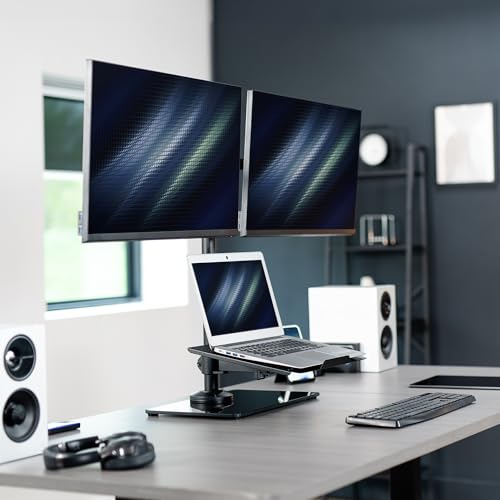 VIVO Freestanding Dual Computer Monitor and Laptop Combo Desk Stand with Glass Base, Fits up to 32 inch Monitors and 17 inch Laptops, Black, STAND-V003FGL - style: Laptop + 2 Monitors