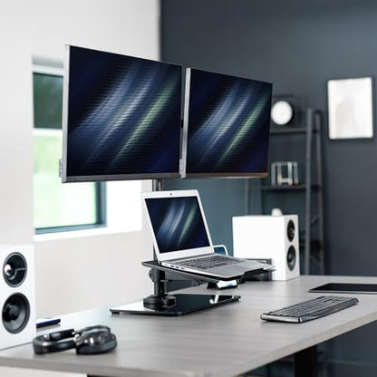 VIVO Freestanding Dual Computer Monitor and Laptop Combo Desk Stand with Glass Base, Fits up to 32 inch Monitors and 17 inch Laptops, Black, STAND-V003FGL - style: Laptop + 2 Monitors