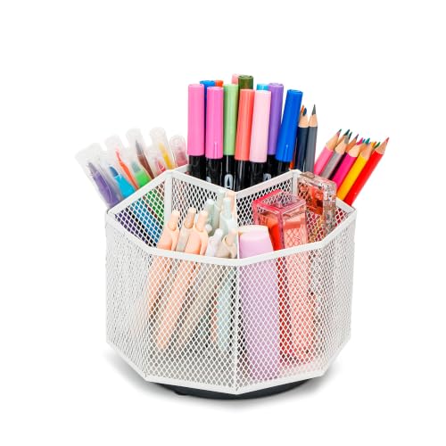 Exerz Desk Organizer 360 Rotating Pen Holder 5 Compartments Caddy White | Smooth Spinning Base with Open Mesh Sections Easy Access to Pens Brushes Scissors Daily Desk Tools - color: White