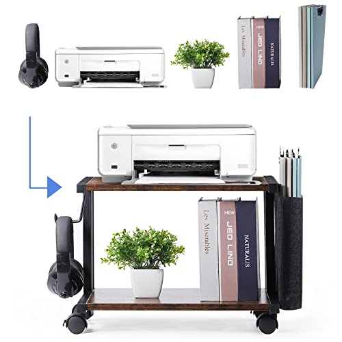Printer Stand with Storage Bag Under Desk Printer Table on Wheels 2 Tier Small Desktop Rolling Stand Shelf for Fax Machine Scanner Files (Brown) - color: Brown