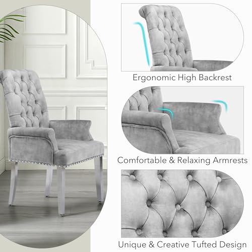 LOULENS Velvet Dining Chairs Set of 4, Dining Chairs with Arms, Grey | Upholstered, High Back, Tufted, Luxurious, Stainless Steel Leg, for Kitchen & Dining Room - color: Grey, size: 4 PCS