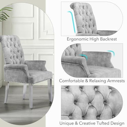 LOULENS Velvet Dining Chairs Set of 4, Dining Chairs with Arms, Grey | Upholstered, High Back, Tufted, Luxurious, Stainless Steel Leg, for Kitchen & Dining Room - color: Grey, size: 4 PCS